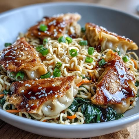 Steaming Potsticker Noodle Bowls feature lo mein noodles and colorful vegetables, ready to serve for a quick weeknight dinner.