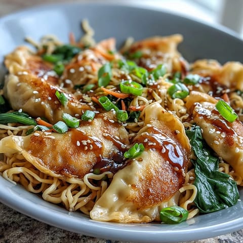 A close-up of Potsticker Noodle Bowls shows pan-seared dumplings, crisp carrots, cabbage, and green onions tossed in a glossy sauce.
