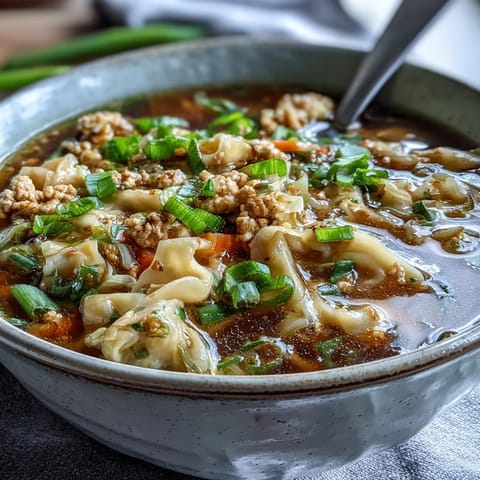A steaming bowl of Cozy One-Pot Egg Roll Soup topped with fresh green onions and sesame seeds.