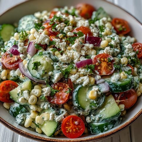 Street Corn Creamy Cucumber Salad topped with crumbled feta cheese and fresh cilantro in a rustic bowl.