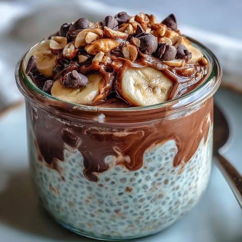 Chunky Monkey Overnight Chia Pudding layered with banana slices and creamy peanut butter in a glass jar.