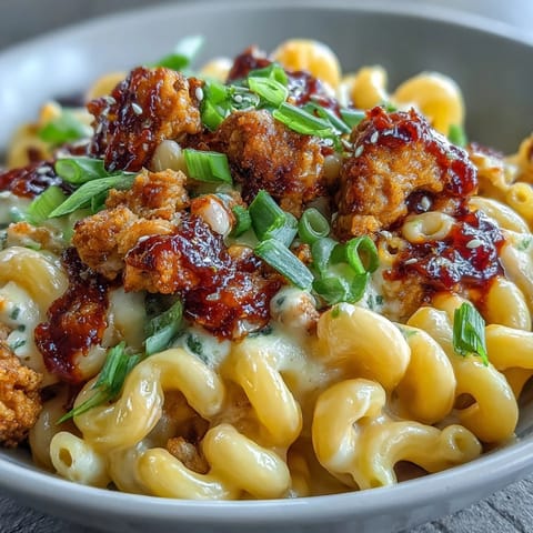 A steaming bowl of Korean-Style Turkey Mac & Cheese with glossy gochujang sauce and sesame seeds.