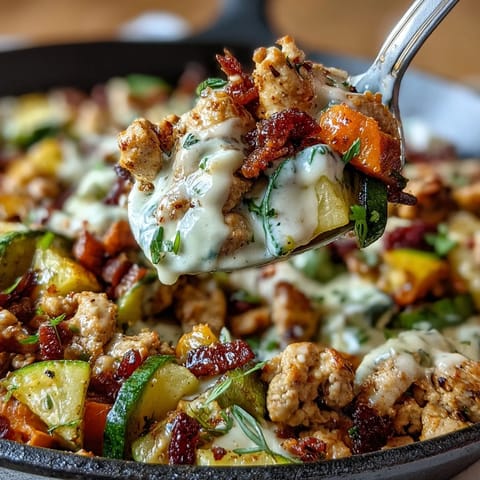 A hearty skillet of Creamy Ranch Turkey & Veggie Skillet bubbling with diced carrots, peas, and tender turkey in tangy ranch sauce.