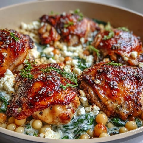 Freshly baked Creamy Greek Chicken & Pearl Couscous Bake emerges from the oven with golden feta and wilted spinach in a rustic skillet.