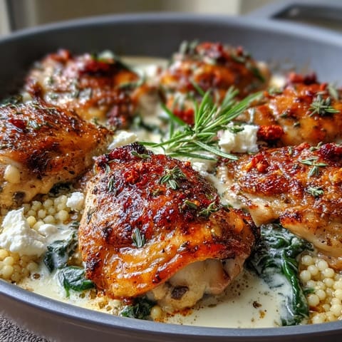 Steam rises from the Creamy Greek Chicken & Pearl Couscous Bake, highlighting tender lemon-seasoned thighs nestled in pearl couscous.