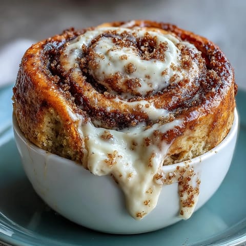 High-Protein Cinnamon Roll Mug Cake reveals a gooey cinnamon swirl and fluffy crumb on a spoon.