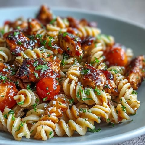 Platter of chilled Honey BBQ Chicken Pasta Salad featuring tender BBQ chicken cubes and crisp celery on a rustic table.