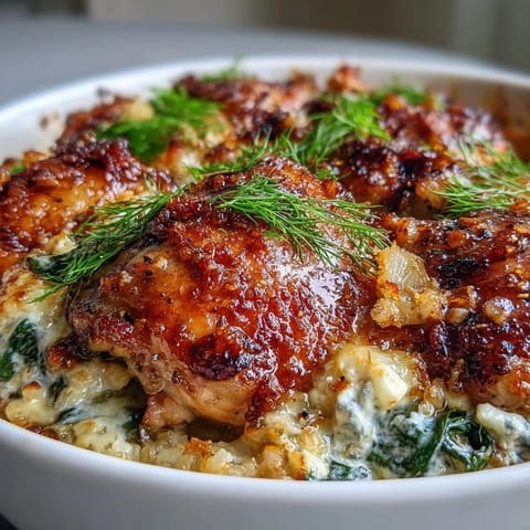 Creamy Greek Chicken & Pearl Couscous Bake with golden chicken thighs, spinach, and melted feta in a one-pan skillet.