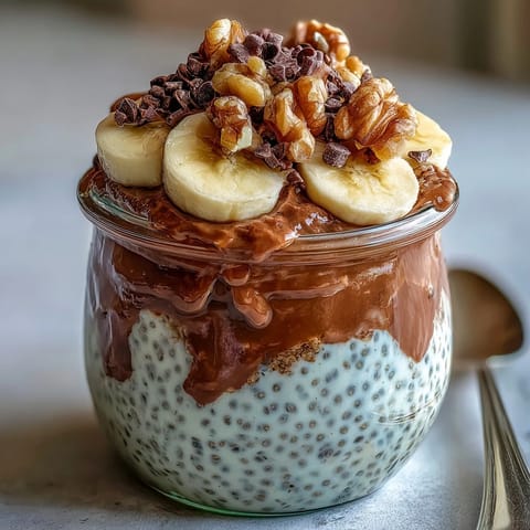 A healthy, no-cook jar of Chunky Monkey Overnight Chia Pudding with peanut butter swirls and ripe bananas.