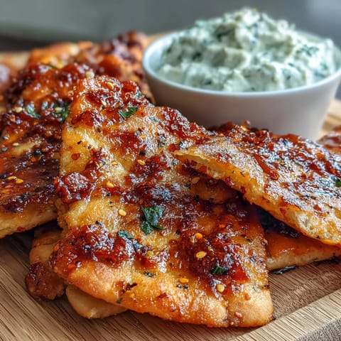 Golden, crispy garlic naan chips coated with Spicy Chili Crisp Garlic Naan Chips & Creamy Asian Cucumber Dip on a platter.