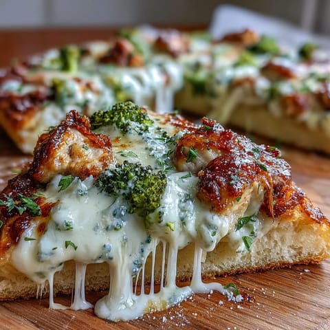 A slice of Garlic Parmesan Chicken & Broccoli Pizza reveals creamy white sauce, chicken, and broccoli.