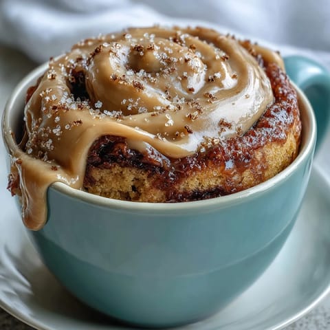 A single-serve cinnamon swirl mug cake with moist protein batter and luscious cream cheese frosting.