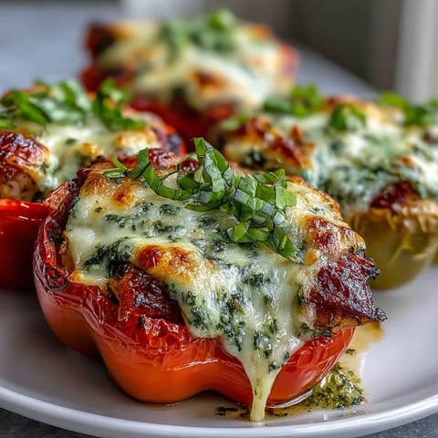 Golden-baked Pesto Chicken Stuffed Sweet Peppers with melted mozzarella, served warm on a baking sheet.
