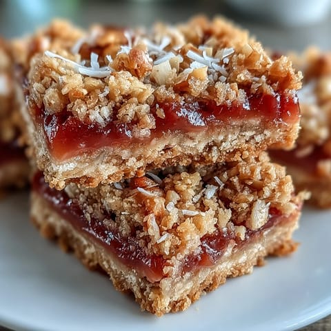 Tropical guava jam filling nestled between a crisp oat crust and crunchy macadamia coconut crumble.  