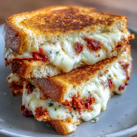 A warm grilled cheese sandwich filled with sun-dried tomato pesto and gooey mozzarella cheese.  