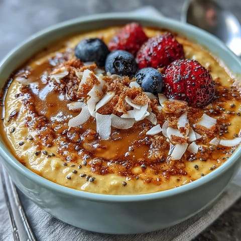 Vegan golden milk overnight oats with turmeric and ginger in a glass jar, topped with fresh berries and toasted coconut flakes.
