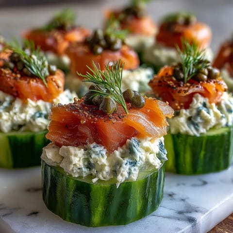 Delicious keto smoked salmon and cream cheese cucumber bites, perfect for low-carb appetizers at any party or gathering.
