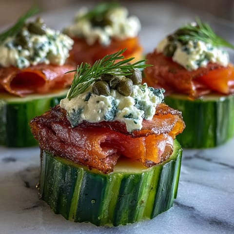 Elegant cucumber rounds topped with creamy dill-infused cheese and delicate smoked salmon slices, garnished with fresh dill and capers.