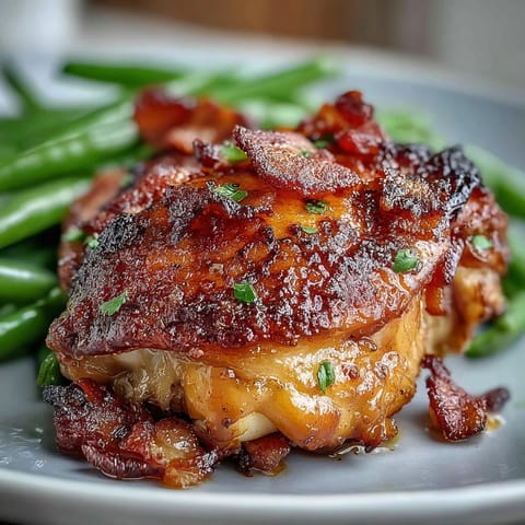 Keto bacon ranch chicken thighs with green beans, baked until golden and crispy with smoky bacon crumbles.  