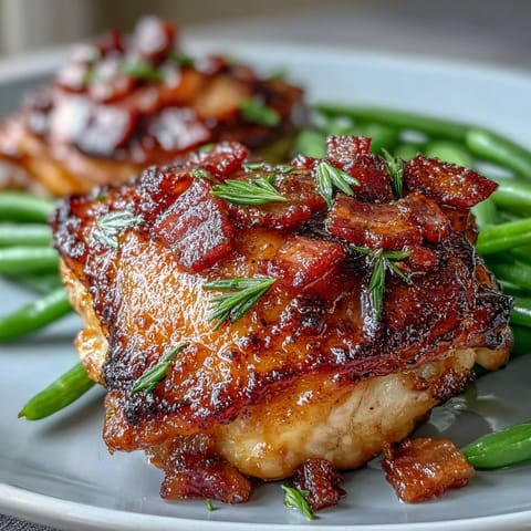 Tender chicken thighs seasoned with ranch, surrounded by crispy bacon and roasted green beans for a low-carb dinner.  