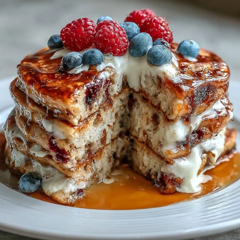 Fluffy berry protein pancakes topped with creamy Greek yogurt and fresh berries, offering a nutritious and energizing breakfast option.