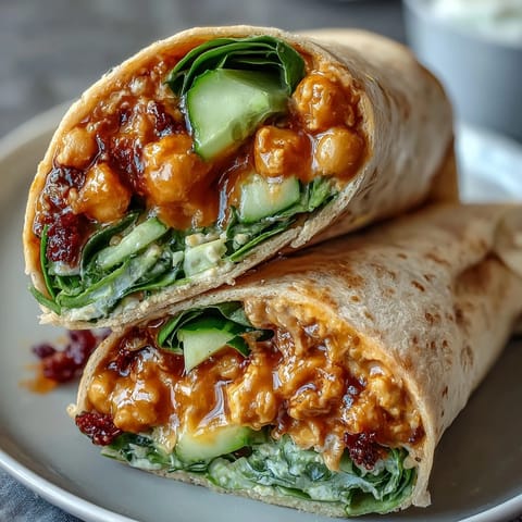 Spicy vegan buffalo chickpea salad wraps filled with creamy mashed chickpeas, crisp veggies, and tangy buffalo sauce in a soft tortilla.  
