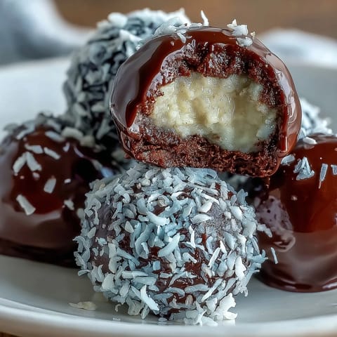1. Rich vegan chocolate truffles made with creamy avocado and coated in shredded coconut for a decadent plant-based dessert.
