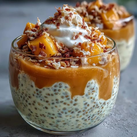 Creamy vegan mango sago-inspired chia pudding cups layered with fresh mango purée and coconut milk, garnished with toasted coconut flakes.