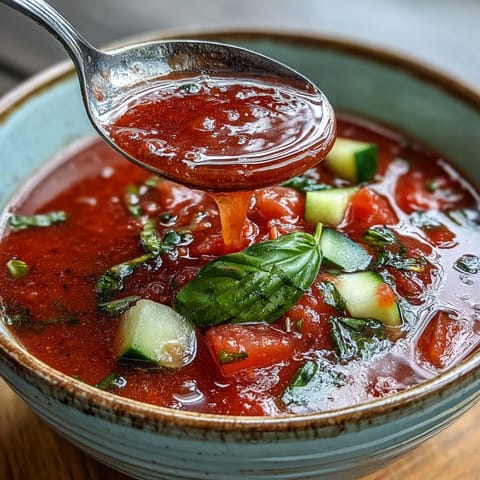 A chilled bowl of Slim Summer Gazpacho with Cucumber, Tomato, and Bell Pepper, garnished with diced veggies and herbs.  