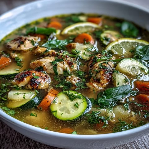 One-Pot Chicken and Veggie Detox Soup with Lemon and Herbs, a nourishing bowl of tender chicken, fresh vegetables, and bright citrus flavors, perfect for a healthy reset.