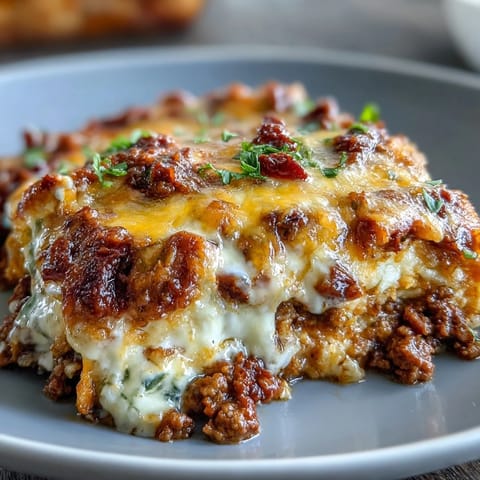 Keto Taco Casserole with Cheesy Topping and Cauliflower Rice, baked until golden and bubbling with layers of seasoned beef and melted cheese.