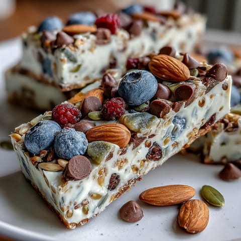 Creamy Greek yogurt bark topped with vibrant mixed berries and crunchy seeds for a high-protein breakfast treat.  