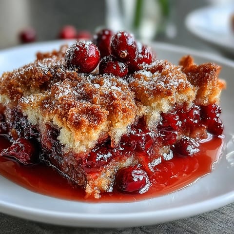 Golden, buttery cobbler topping over tart cranberries, bubbling and crisp for festive holiday dessert.