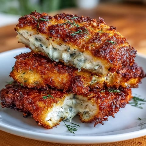 Golden-brown Crispy Dill Pickle Parmesan Chicken with crunchy Parmesan-breadcrumb coating and juicy interior, served on a rustic wooden board.