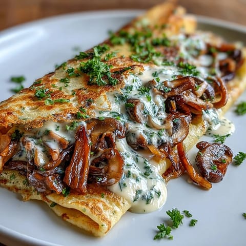 Wild mushroom crepe filling with sautéed cremini, shiitake, and herbs in a creamy sauce.