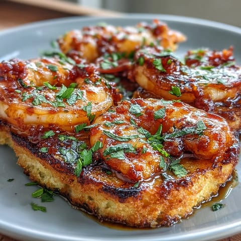 Crispy toasted sourdough topped with garlicky Calabrian chili shrimp for a zesty, bold appetizer bursting with flavor.  