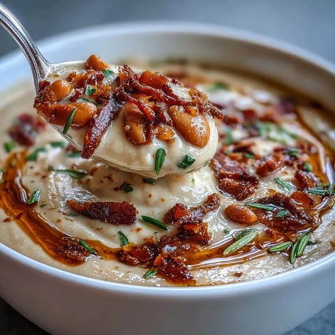 Creamy White Bean Soup with Bacon and Rosemary in a rustic bowl, garnished with crispy bacon bits and fresh parsley.  
