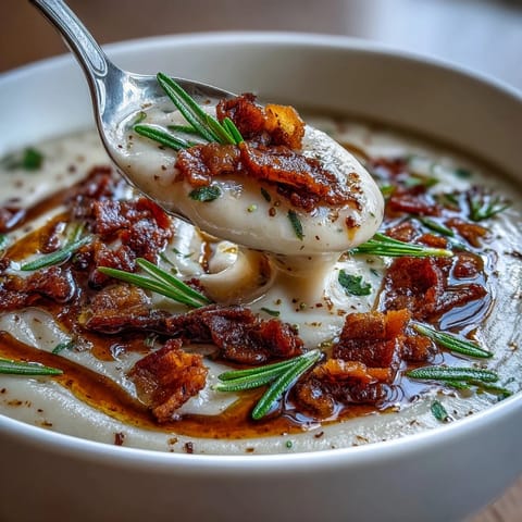 A comforting bowl of white bean soup with smoky bacon and fragrant rosemary, served with a drizzle of olive oil.  