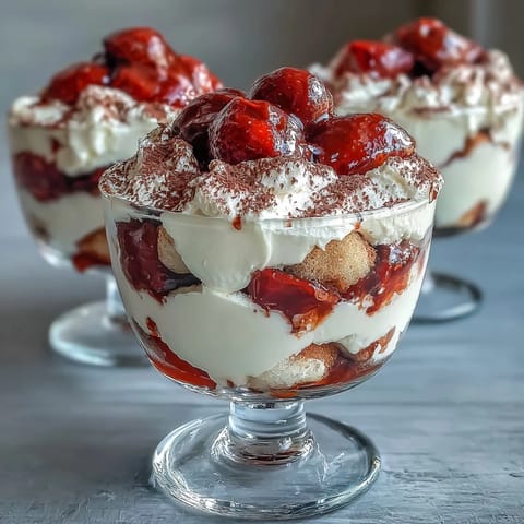 Romantic Valentine's dessert featuring individual strawberry tiramisu cups topped with cocoa dusting and mint garnish.  