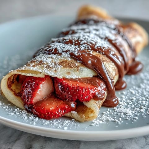 Golden crêpes filled with Nutella and fresh strawberries, perfect for a Galentine's Day brunch with friends.