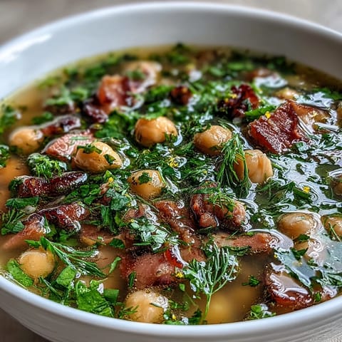 Creamy chickpeas and tender ham chunks in a zesty lemon-dill broth, perfect for chilly evenings.  