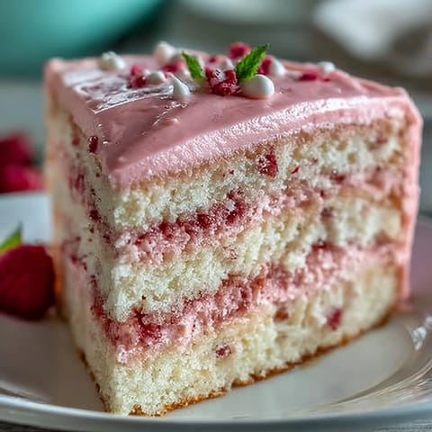 A vibrant Galentines Cake with strawberry buttercream, featuring stunning pink ombre layers and fresh strawberry garnish for a festive celebration.