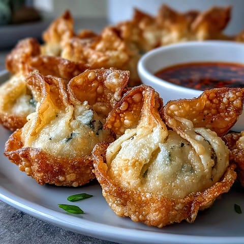 Crispy air-fried pork dumplings served with a spicy chili oil dipping sauce for an Asian-inspired appetizer.  