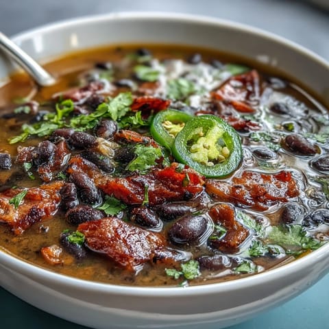 A steaming bowl of Black Bean and Ham Soup with Jalapeños, garnished with fresh cilantro and lime.