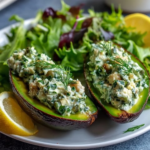 Creamy chickpea tuna salad stuffed inside ripe avocado halves, garnished with fresh parsley and lemon wedges.  