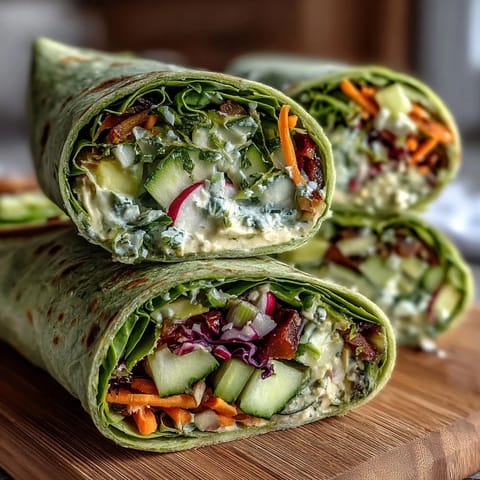 Vibrant spring vegetable and hummus wraps with spinach tortillas, filled with crisp carrots, cucumbers, and fresh herbs for a healthy meal.  