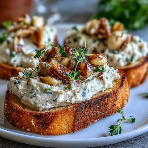 Velvety white bean spread with sweet roasted garlic, drizzled with olive oil on crisp sourdough toast for a savory appetizer.  