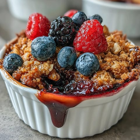 A warm berry crumble with golden oat topping, bubbling mixed berries and crunchy crumble in small ramekins.