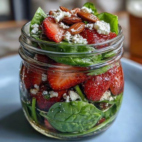 Strawberry and Spinach Mason Jar Salad with Balsamic Vinaigrette, layered with fresh berries, greens, and crunchy almonds — ideal for meal prep or healthy lunches.