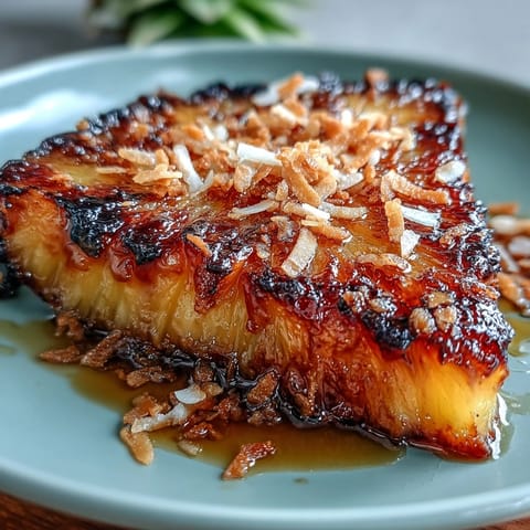 Golden pineapple wedges roasted to caramelized perfection with honey-lime glaze, topped with fragrant toasted coconut for a tropical dessert.